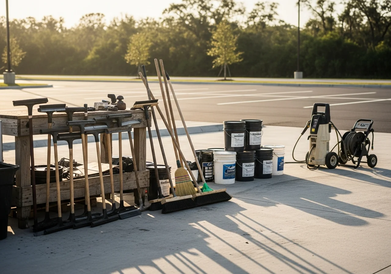Asphalt paving crew and equipment on a commercial parking lot project, showing tools and materials ready for application.
