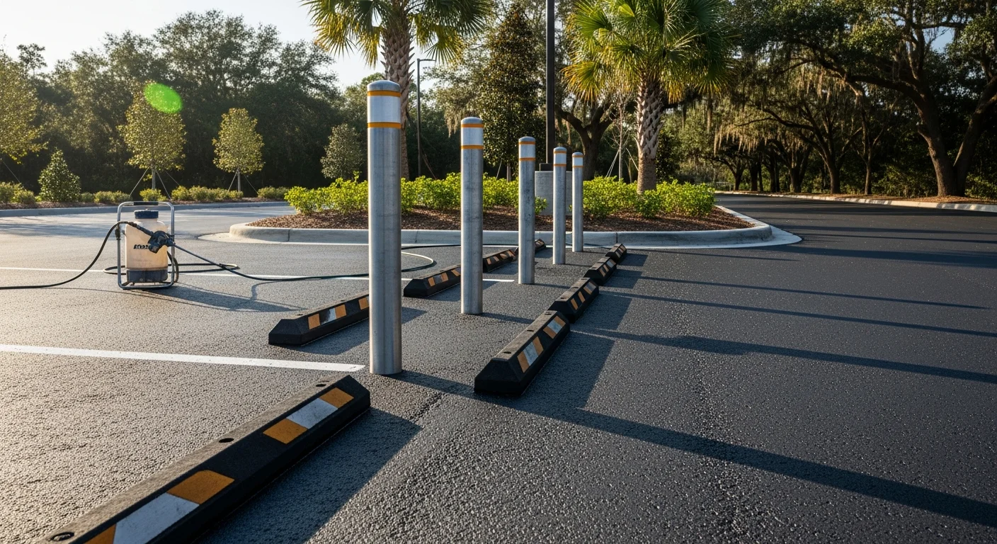 Installed wheel stops and bollards in commercial parking area