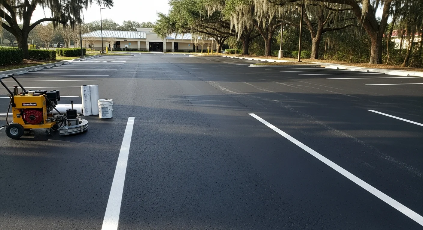Parking lot sealcoating application in progress