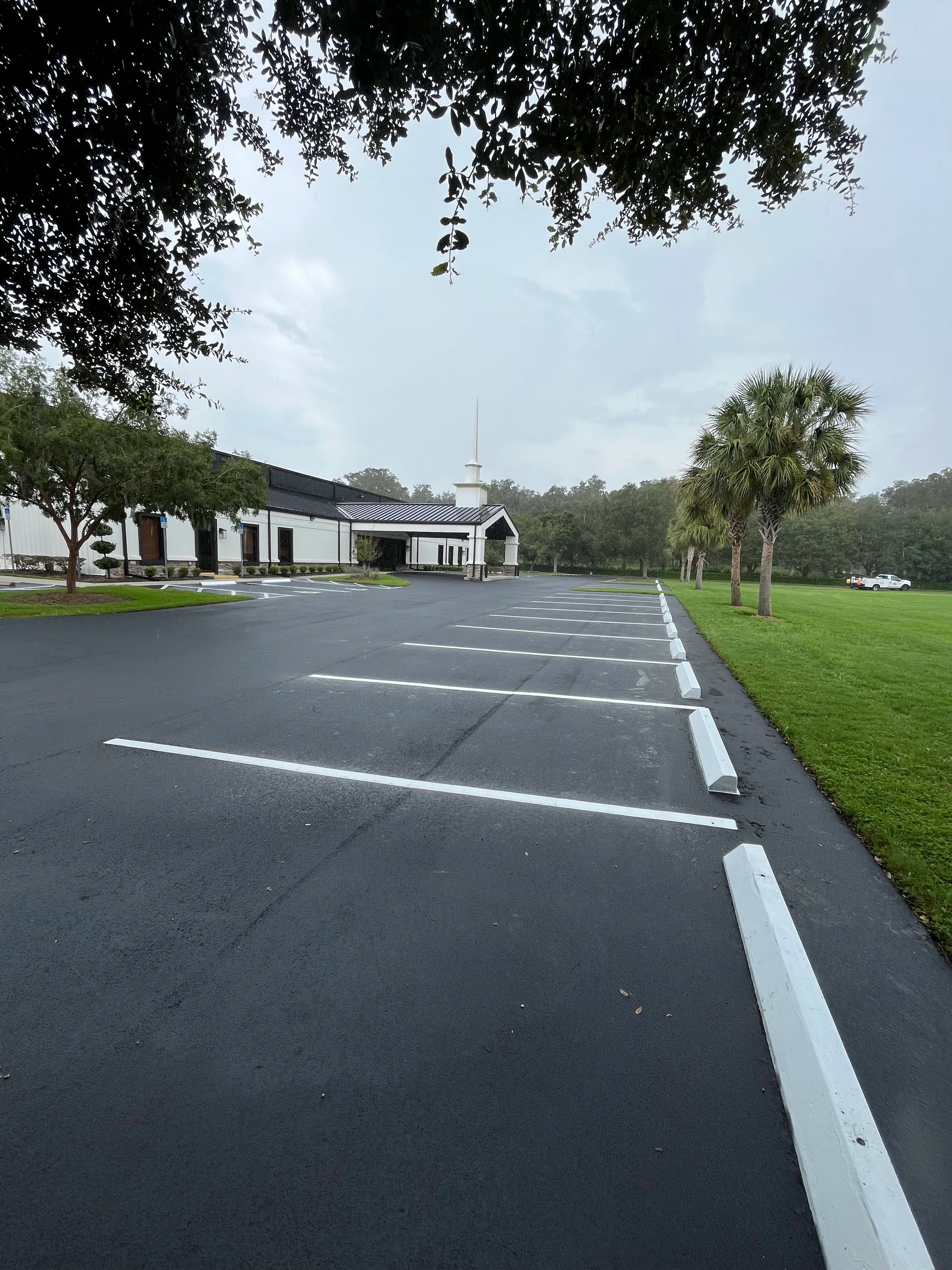 Newly paved asphalt parking lot with white striping and concrete curbs at commercial building