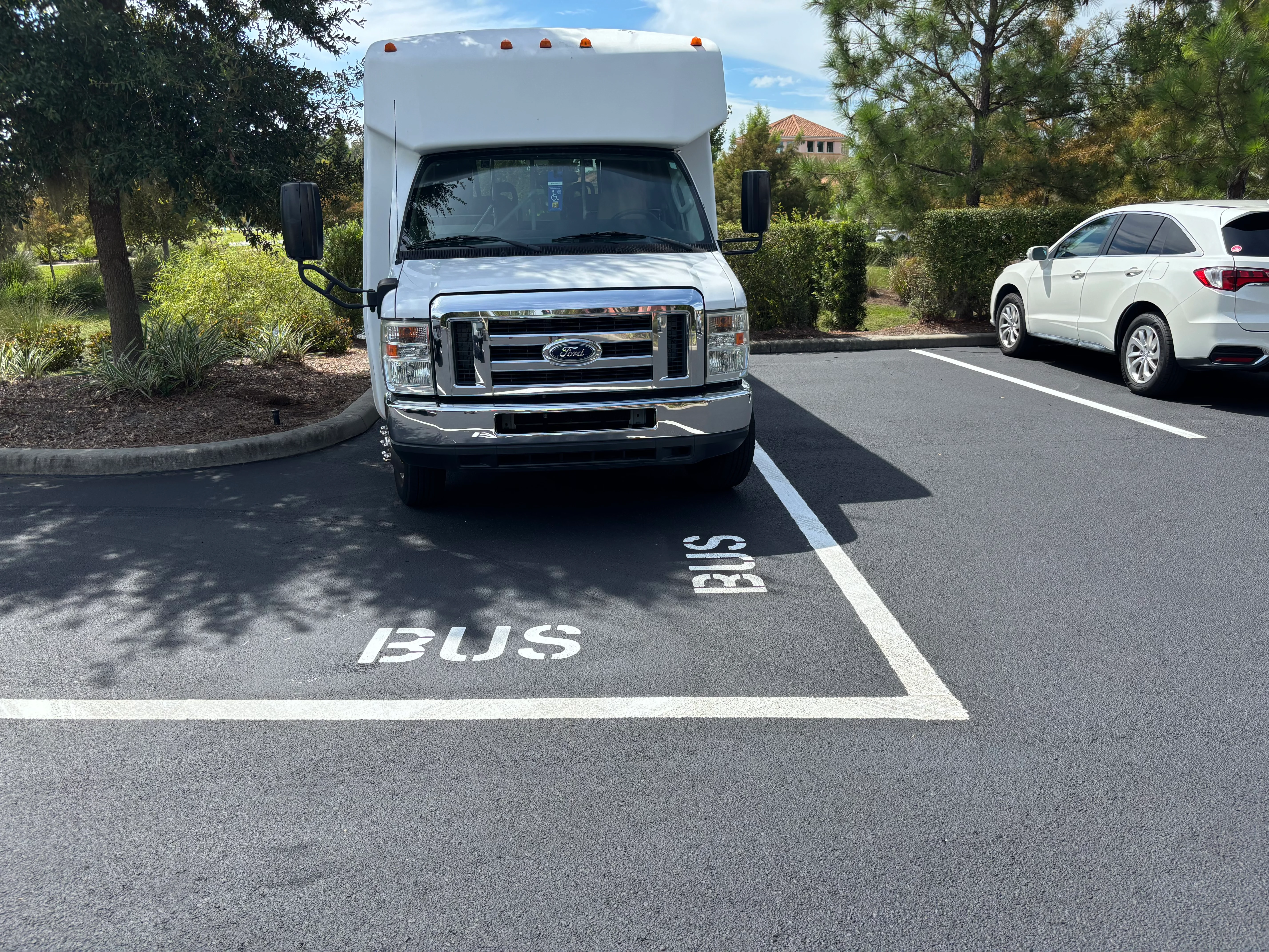 White bus and accessible parking space markings on dark asphalt lot with vehicles parked nearby