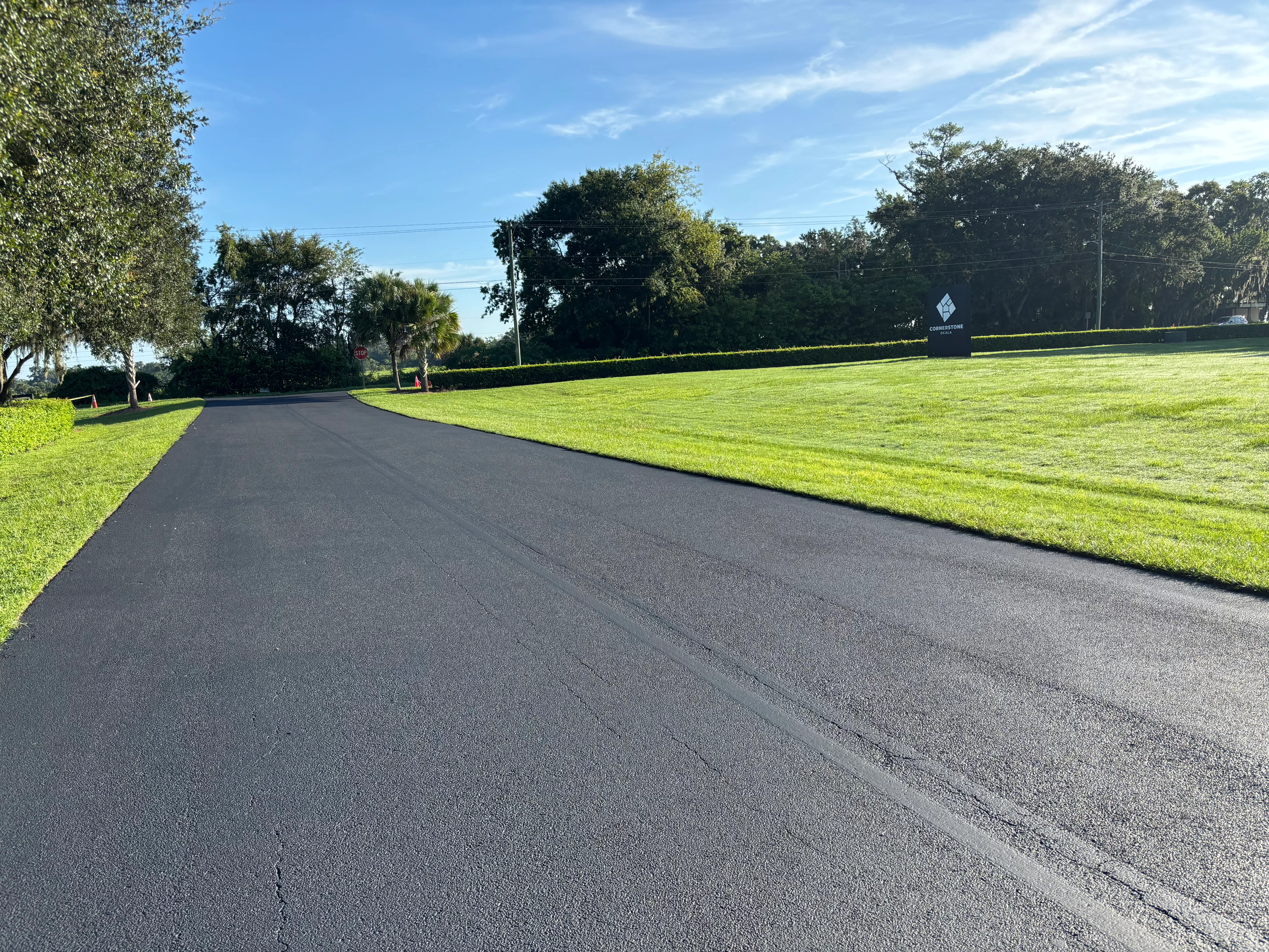 Newly paved black asphalt driveway with clean edges alongside green lawn and mature trees