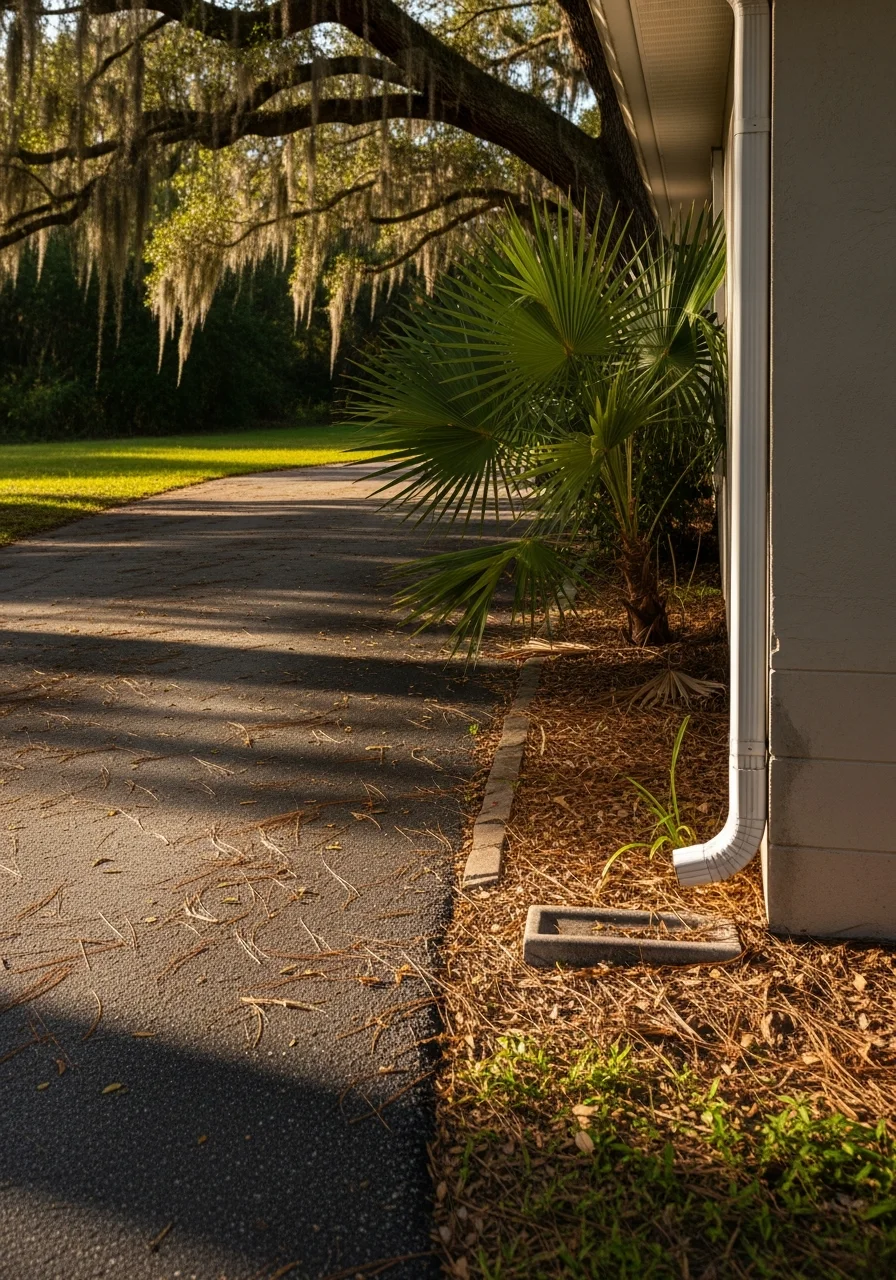 Contractor inspecting home exterior near water for maintenance assessment.