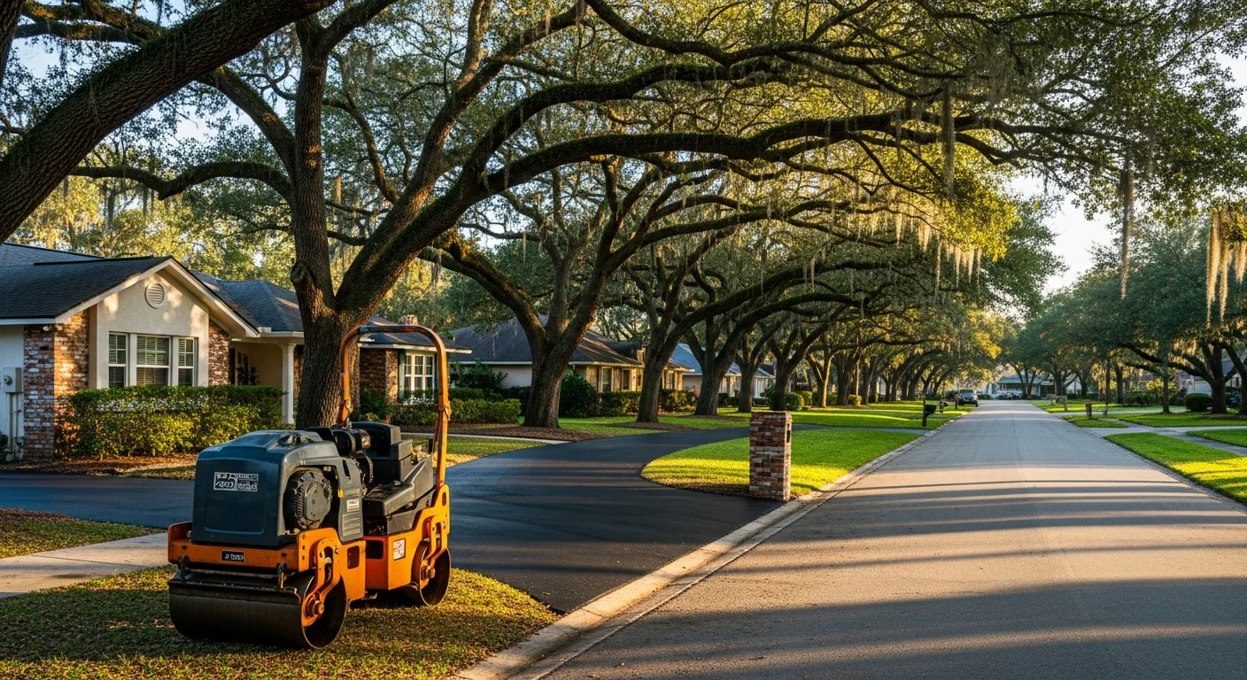 Ocala residential street with mature oak trees and established homes typical of the area's tree-lined neighborhoods.