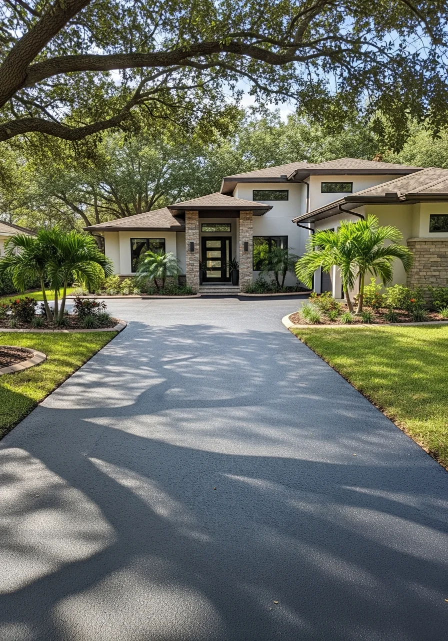 Orlando neighborhood home with modern landscaping and contemporary architectural style common to the area.
