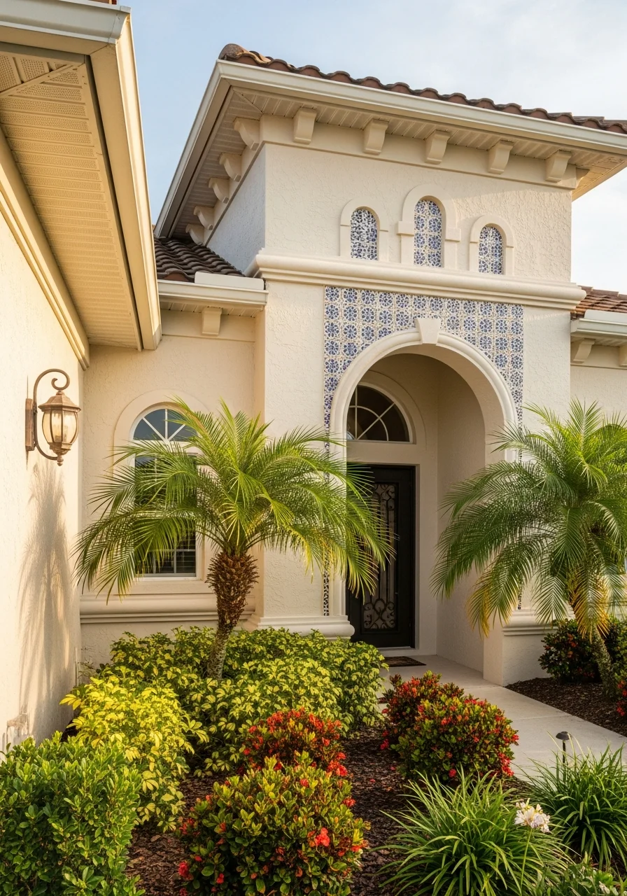 Close-up of a Villages-style home entrance with decorative landscaping and community architectural details.