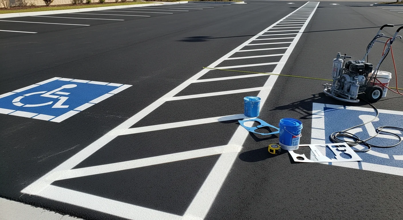 Freshly painted ADA handicap parking spaces on a commercial asphalt lot in Ocala, FL, showing blue and white stall striping, diagonal access aisle hash marks, and the International Symbol of Accessibility. A van-accessible space with correct width markings is visible alongside a standard accessible stall.