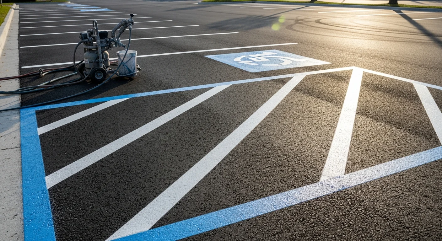 Freshly painted ADA handicap parking stall with blue and white markings and diagonal-hatch access aisle on a commercial asphalt lot in Ocala, FL. A blue International Symbol of Accessibility stencil is visible at the center of the stall.