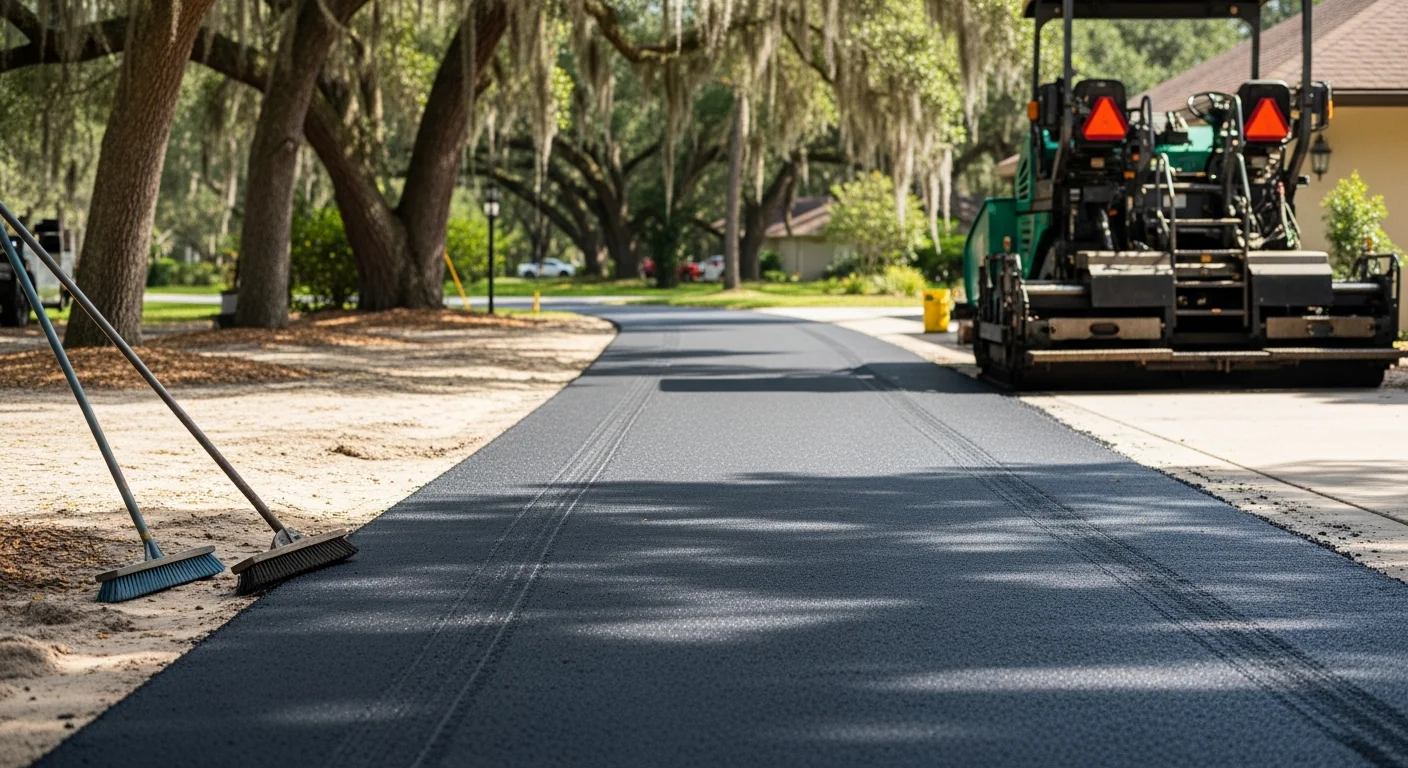 Freshly compacted asphalt overlay on a residential driveway in Ocala, FL, showing a smooth dark surface with clean edges. A paving crew works in the background under Florida's sunny conditions.