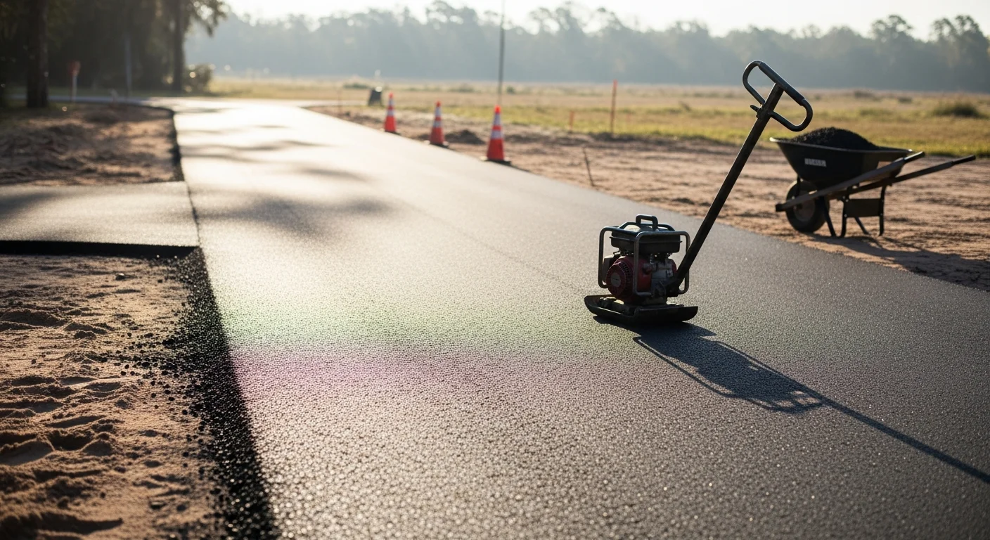 Freshly paved black asphalt driveway at a residential property in Ocala, FL, with clean edges and a smooth surface. The surrounding landscape reflects a typical Marion County yard with Florida vegetation.