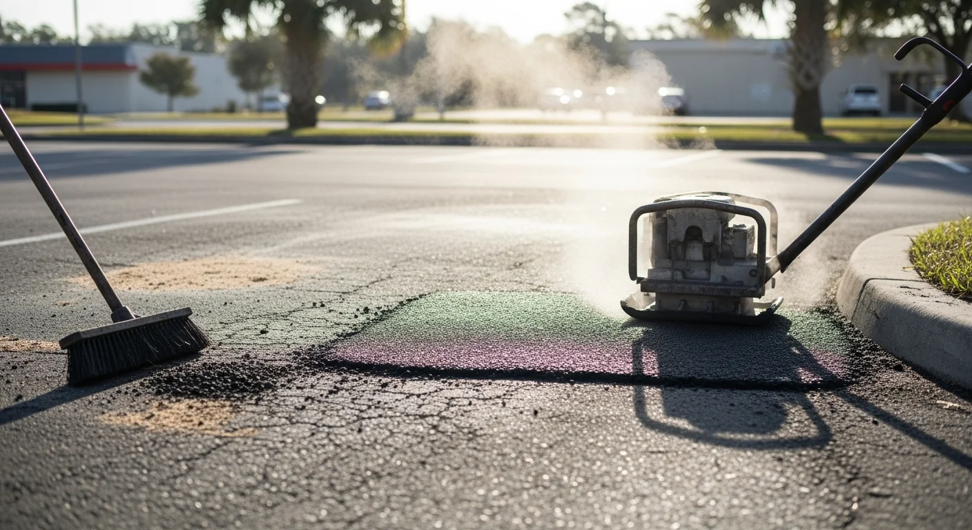 A freshly patched asphalt pothole on a residential driveway in Ocala, FL, showing a smooth, compacted repair flush with the surrounding pavement surface. The repaired area is dark and level with clean edges against the older asphalt.
