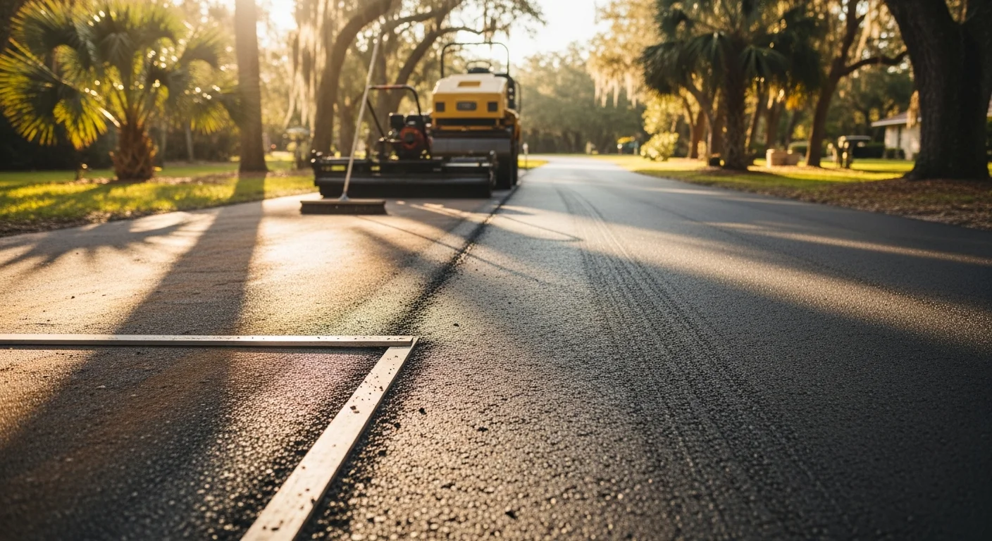 Freshly resurfaced asphalt driveway in Ocala, FL showing a smooth, dark surface with clean edges and no visible cracks. A residential property in the background reflects typical Marion County housing with a flat lot and clear drainage slope.