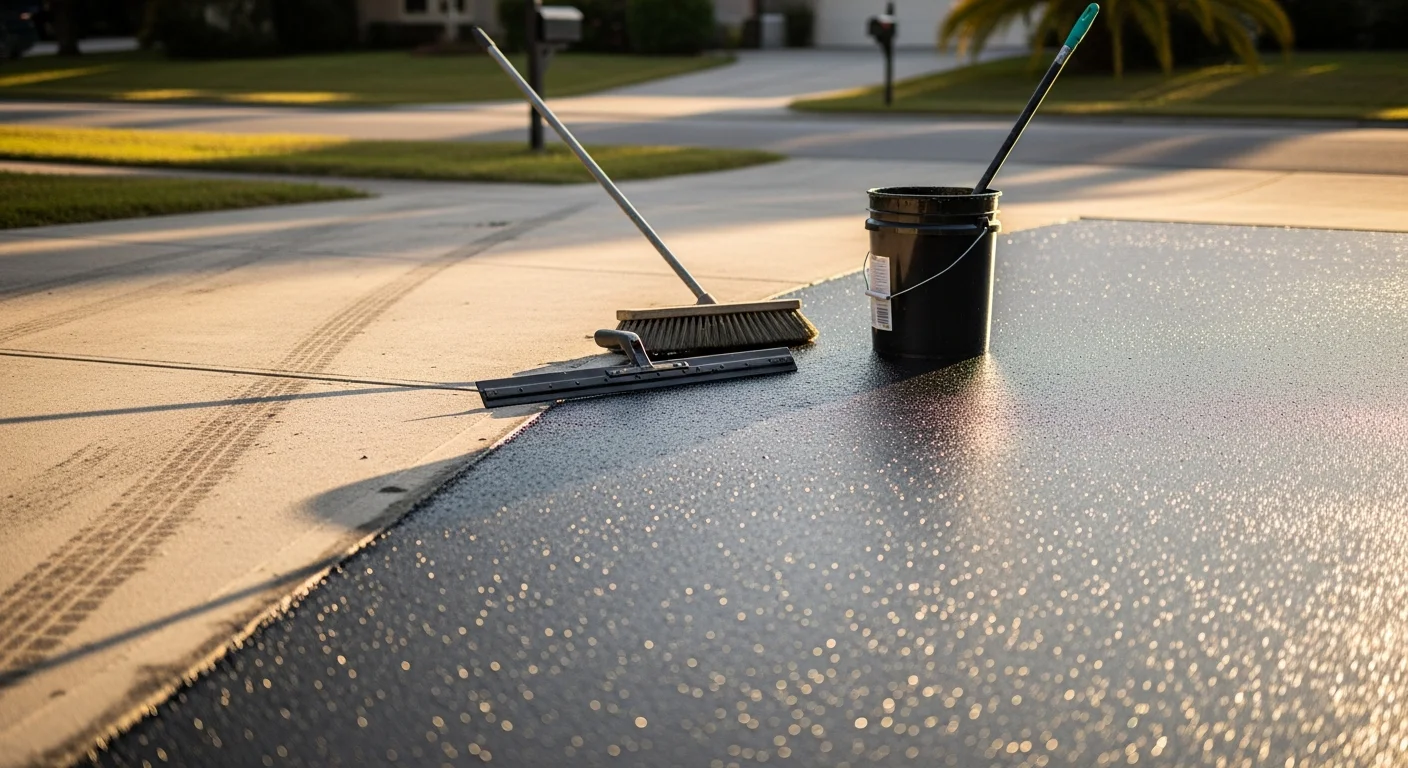 A freshly sealcoated asphalt driveway in Ocala, FL with a uniform dark finish and clean edges alongside a residential property. The sealed surface shows no visible cracking or fading under bright Florida sunlight.
