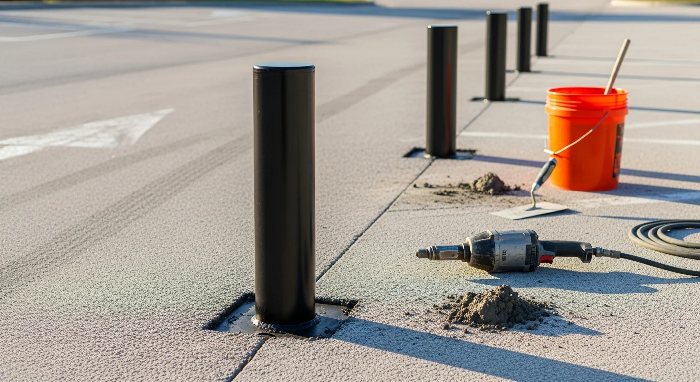 Freshly installed steel bollards lining the pedestrian walkway of a commercial parking lot in Ocala, FL. The posts are evenly spaced along the building entrance, separating the foot traffic path from the vehicle drive lane.