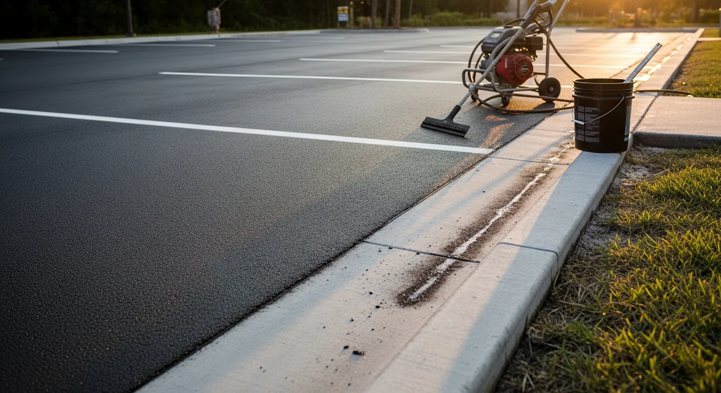 Freshly repaired and sealed commercial concrete parking lot at an Ocala, FL business property, showing smooth gray surface, clear curb lines, and no visible cracking or spalling. Wide-angle view includes a commercial building entrance and concrete sidewalk in the background.
