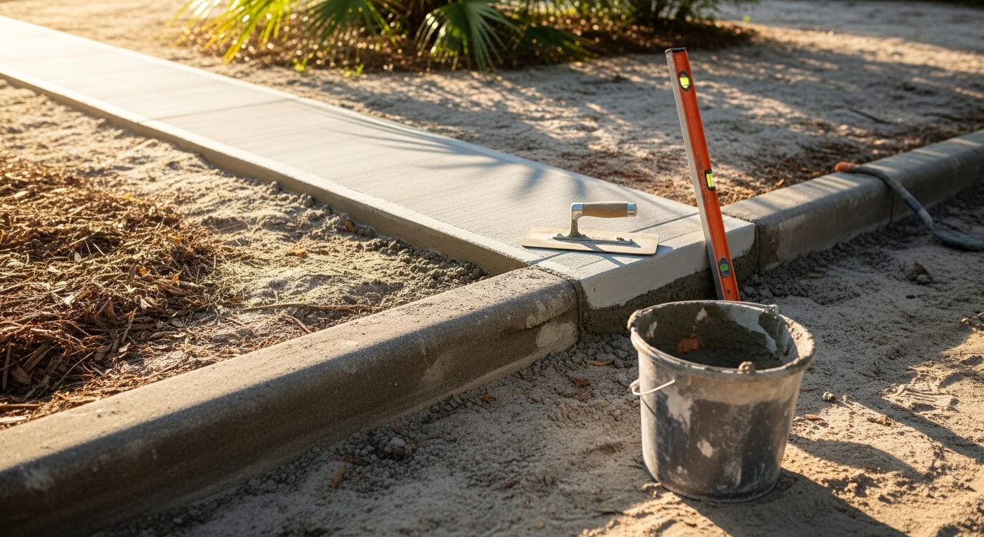 A repaired concrete curb along a commercial parking lot in Ocala, FL, showing a clean, smooth edge with no visible cracks or breaks. The surrounding asphalt surface is intact and the curb line is clearly defined.
