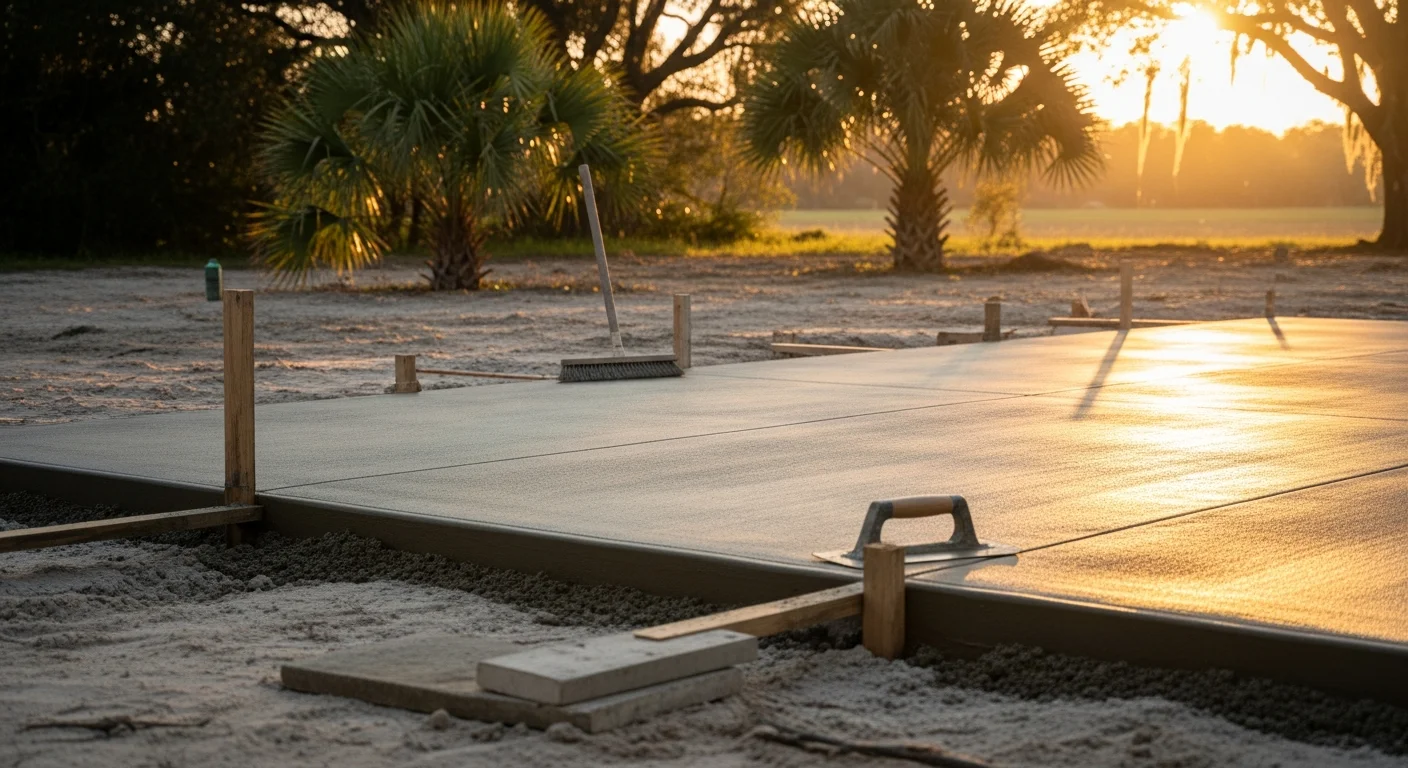 A freshly broom-finished concrete driveway slab at a residential property in Ocala, FL, showing clean edges, uniform texture, and proper slope for drainage. The surface is set against a typical Central Florida landscaping backdrop with sandy soil visible along the slab edge.