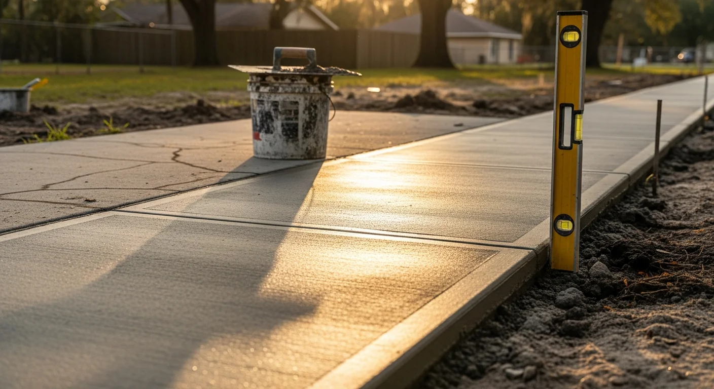 A freshly repaired concrete sidewalk panel in front of a residential property in Ocala, FL, showing a smooth, level surface next to an older, undamaged section. A mature oak tree is visible in the background near the property line.
