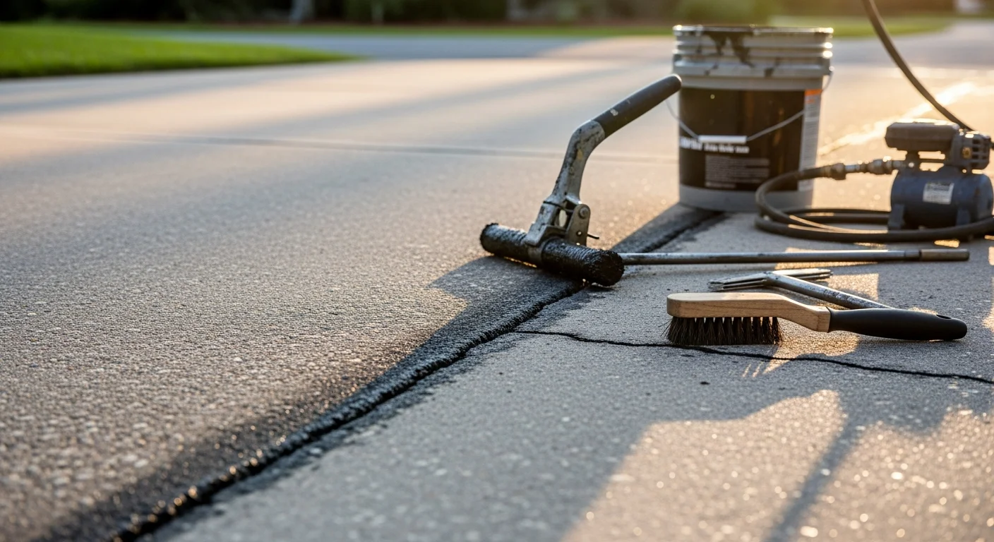 Close-up view of a freshly sealed asphalt driveway in Ocala, FL, with dark sealant filling a linear crack across the pavement surface. A residential property is visible in the background under a clear Florida sky.