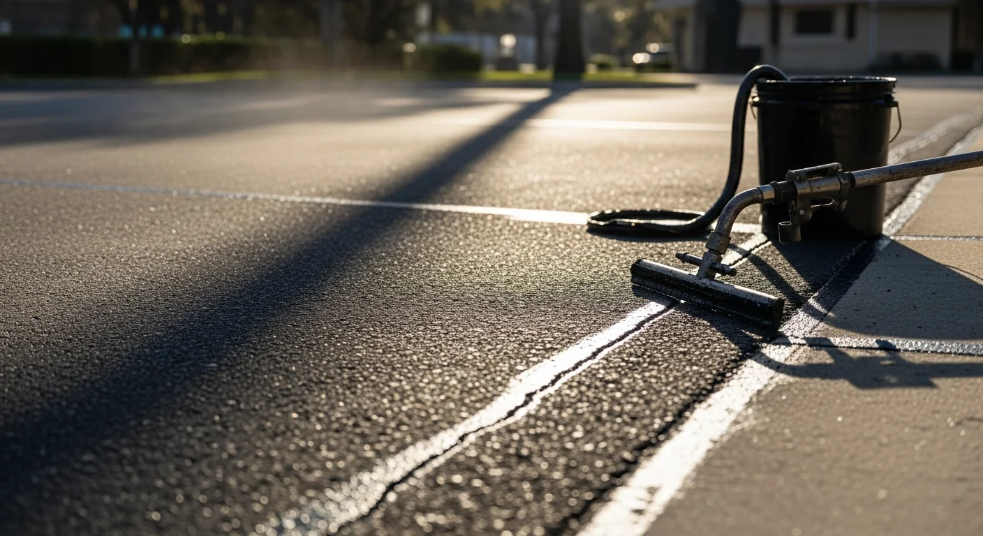 Close-up of a freshly sealed asphalt driveway in Ocala, FL showing dark rubberized sealant filling a longitudinal crack on a sun-faded pavement surface. A residential property is visible in the background under a clear Florida sky.