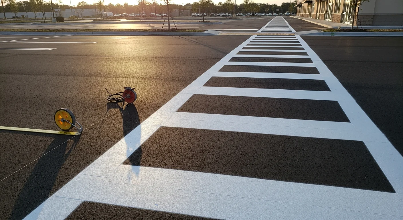 Freshly painted white crosswalk markings on a commercial asphalt parking lot in Ocala, FL, with crisp parallel lines connecting a pedestrian path to a building entrance. The markings contrast sharply against dark asphalt under bright Florida sunlight.