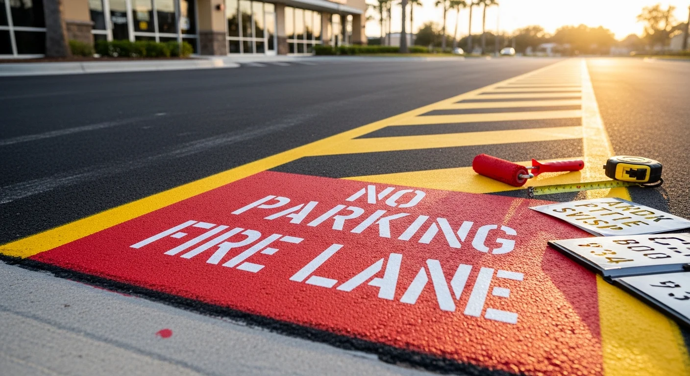 Freshly painted fire lane striping with yellow diagonal lines and white 'NO PARKING FIRE LANE' stenciling on a commercial asphalt parking lot in Ocala, FL. The markings are crisp and clearly visible against dark pavement on a sunny Florida day.