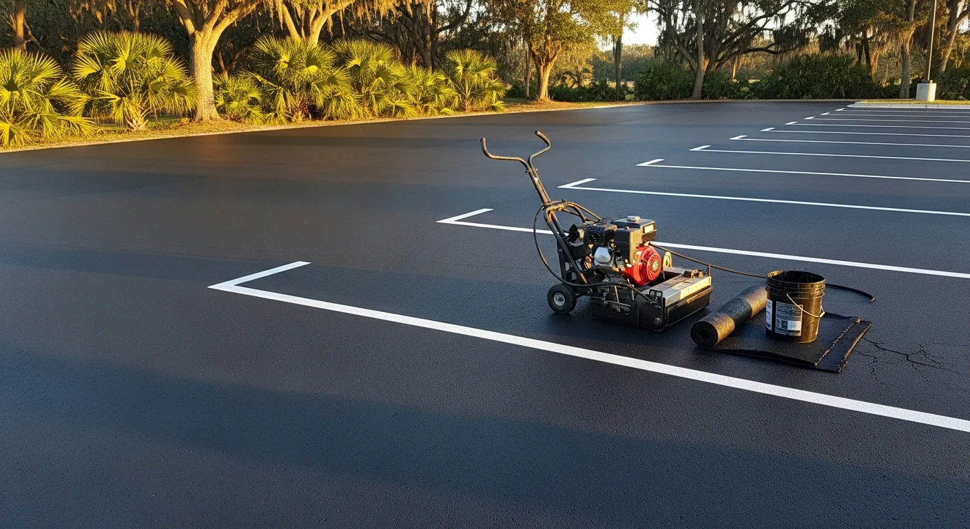 A freshly sealcoated and re-striped HOA community parking lot in Ocala, FL, showing clean white parking stall lines and a uniform dark asphalt surface. ADA-marked accessible spaces are visible near the community entrance.