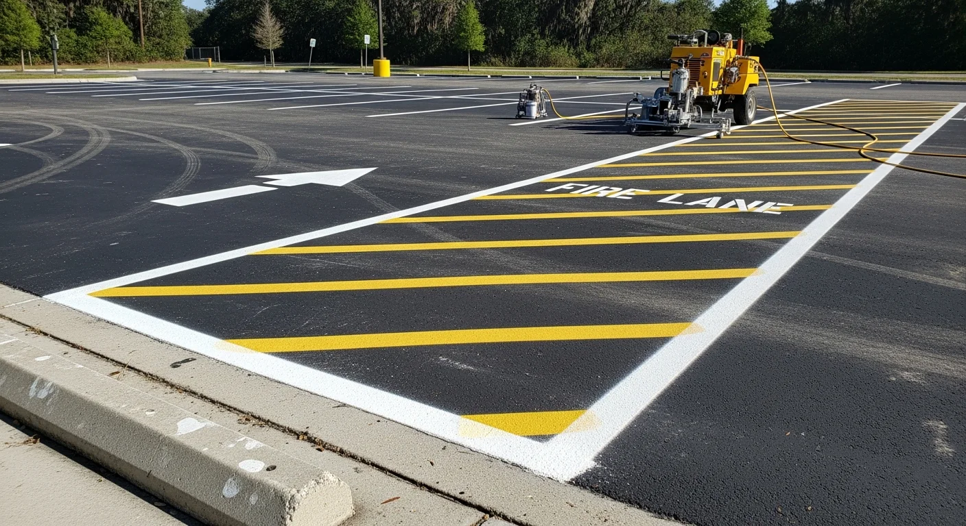 Freshly striped commercial parking lot in Ocala, FL showing bright white stall lines, directional arrows, and blue ADA-compliant handicap spaces on dark asphalt. Ocala Asphalts and Sealcoating completed line striping work visible across the full lot surface.
