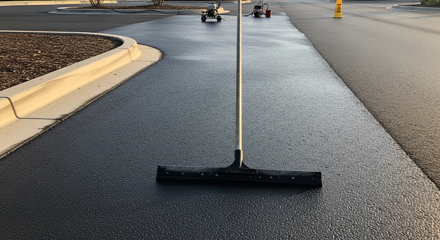 A freshly sealcoated and restriped commercial parking lot in Ocala, FL, showing clean black asphalt surface with bright white lane markings and clearly defined parking spaces. The lot is free of visible cracks, potholes, or faded markings.