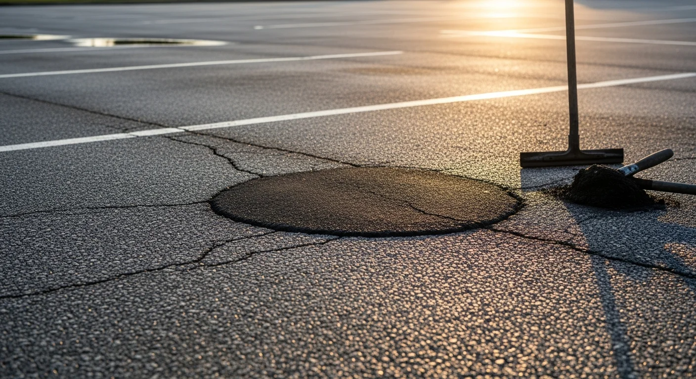 A repaired commercial parking lot in Ocala, FL showing freshly patched asphalt with smooth, even surfaces and no visible cracks or potholes. The lot serves a multi-bay commercial property with clear lane markings restored after surface repair work.