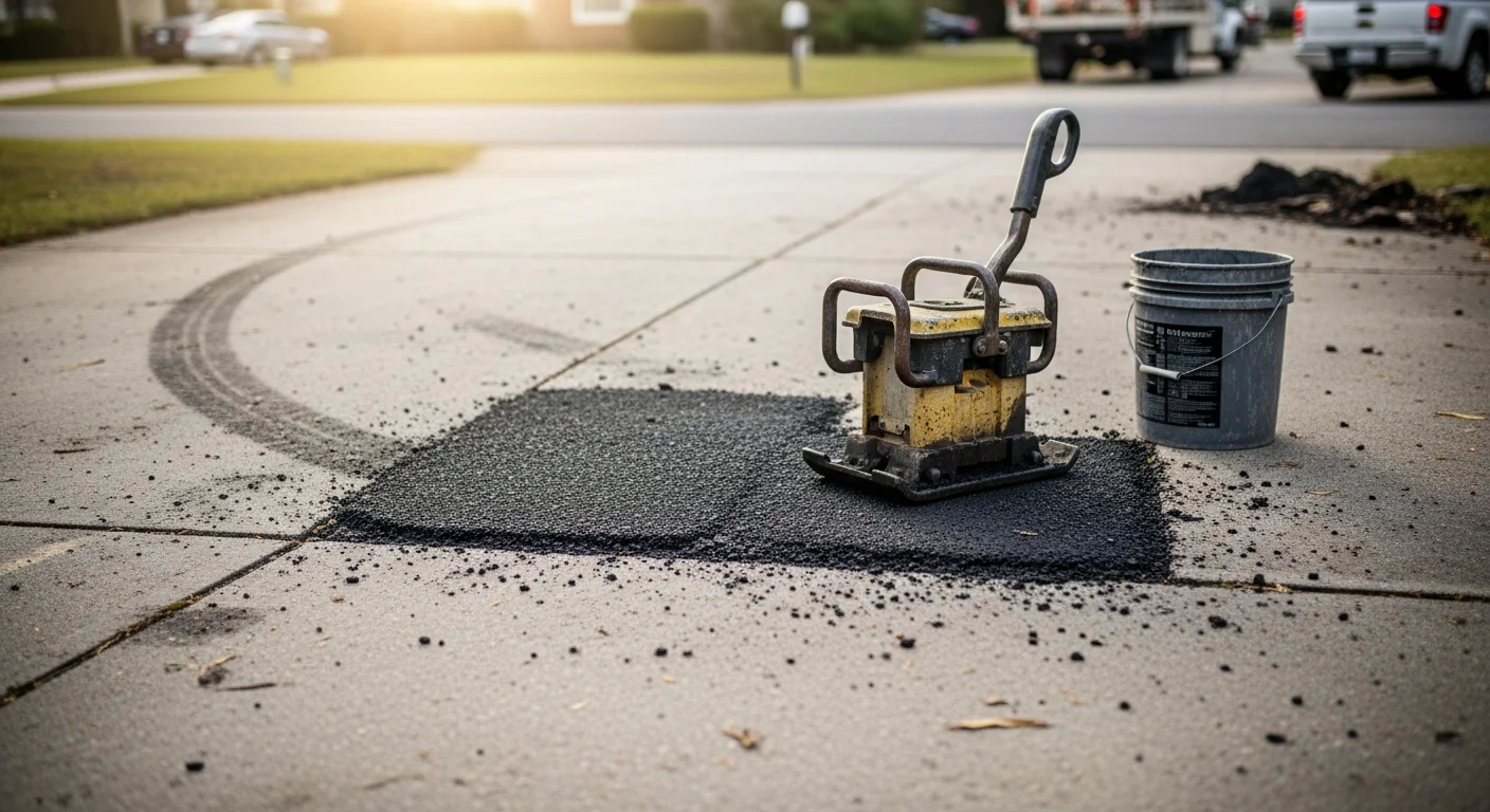 A freshly repaired asphalt pothole on a private parking lot in Ocala, FL, showing a smooth, compacted patch flush with the surrounding pavement surface. The repair area is clean and level with no crumbling edges or standing water.