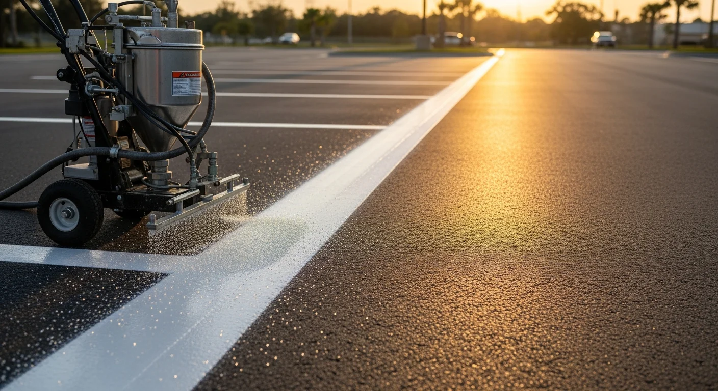 Freshly striped parking lot in Ocala, FL with reflective glass beads embedded in white pavement markings, showing bright retroreflective lines under low-light conditions. Wet asphalt surface reflects the striping clearly across multiple parking stalls.