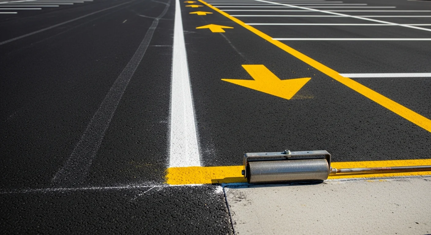 Freshly applied thermoplastic pavement markings on a commercial parking lot in Ocala, FL, showing bright white stall lines, a blue ADA-compliant stall, and a yellow directional arrow on dark asphalt. Close-up view highlights the thick, raised profile of the heat-bonded thermoplastic coating.