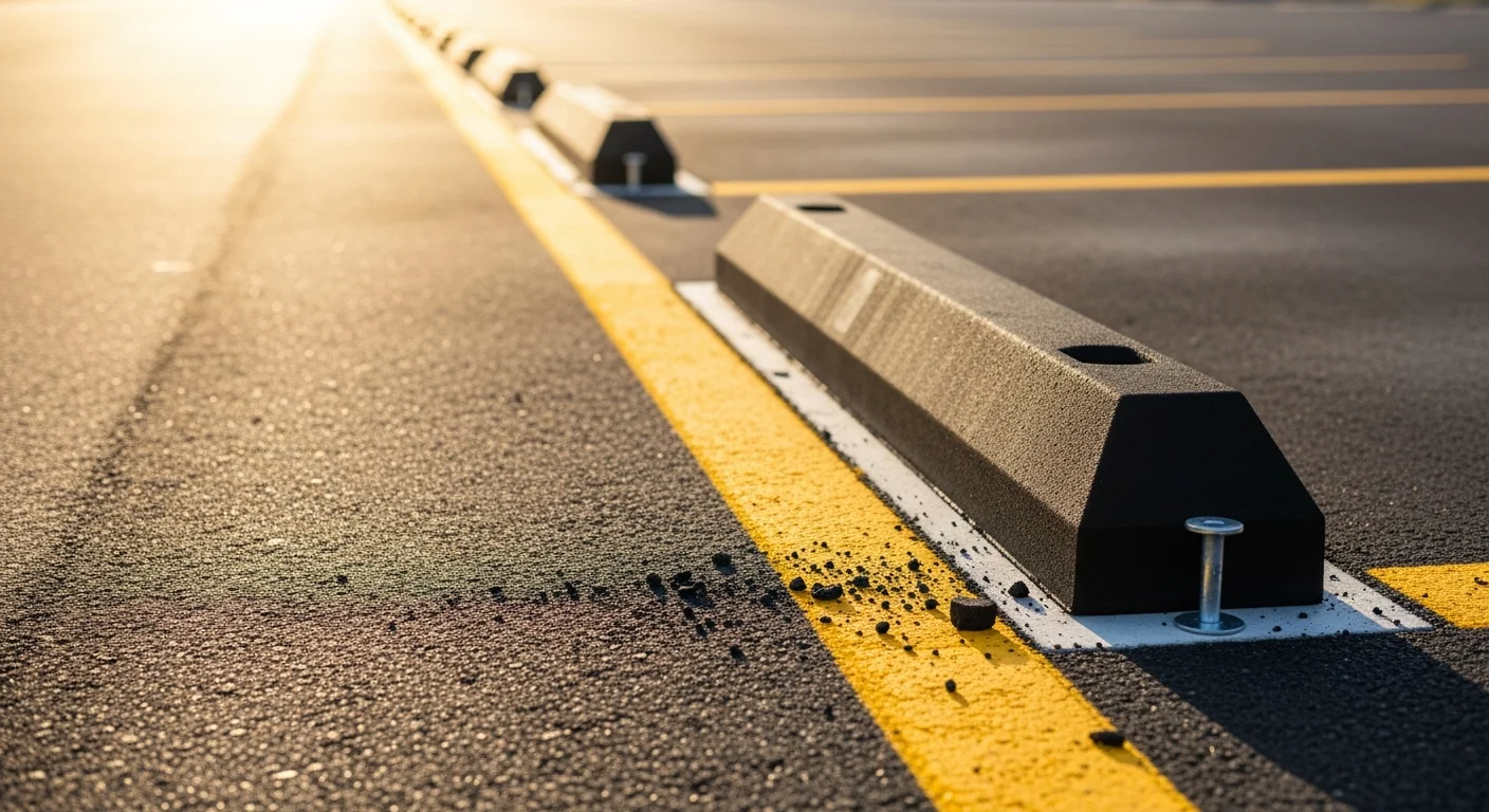 Freshly installed concrete wheel stops anchored at the front of painted parking stalls in a commercial parking lot in Ocala, FL. Each stop is evenly spaced and aligned with white stall striping on a dark asphalt surface.